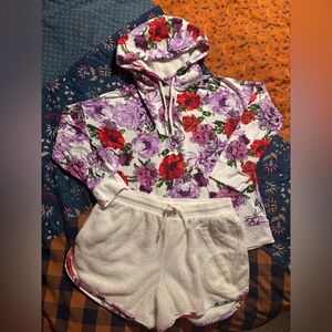 Victoria's Secret Floral Hoodie and Cream Shorts Set Pajamas